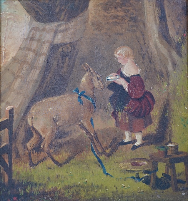 From the Studio of Fred Cuming. Victorian School, oil on board, Girl and goat, 14 x 13cm. Condition - fair to good, craquelure commensurate with age